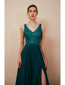 Sleeveless Lace Chiffon Long Formal Party Dress with Slit Front