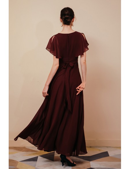 Simple V Neck Rust Red Long Chiffon Mother Of The Bride Dress with Dolman Sleeves