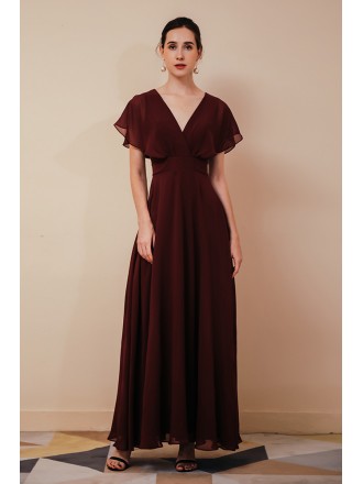 Simple V Neck Rust Red Long Chiffon Mother Of The Bride Dress with Dolman Sleeves