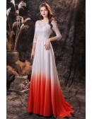Modest Ombre White And Orange Long Formal Dress with Fitted Lace Sleeves