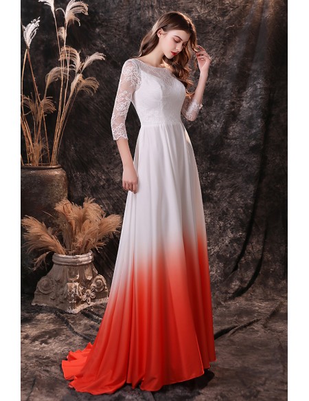 Modest Ombre White And Orange Long Formal Dress with Fitted Lace Sleeves