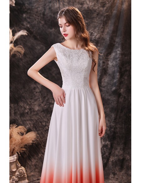 Ombre White And Orange Long Train Formal Evening Dress with Lace Top