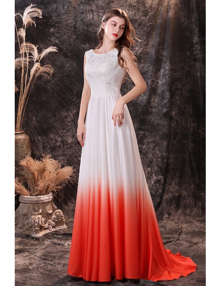 Ombre White And Orange Long Train Formal Evening Dress with Lace Top