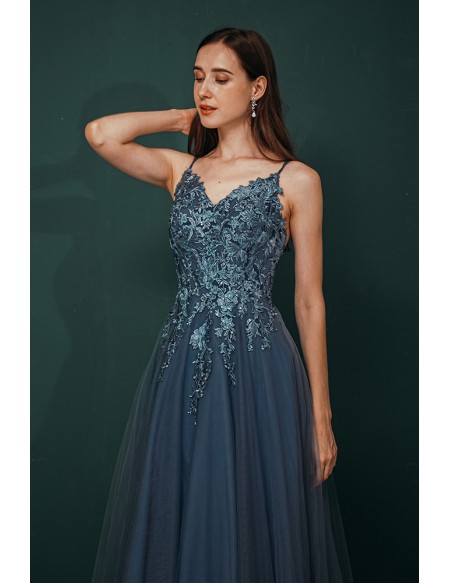 Dusty Blue Long Tulle V Neck Prom Dress with Lace Spaghetti Straps