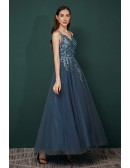 Dusty Blue Long Tulle V Neck Prom Dress with Lace Spaghetti Straps