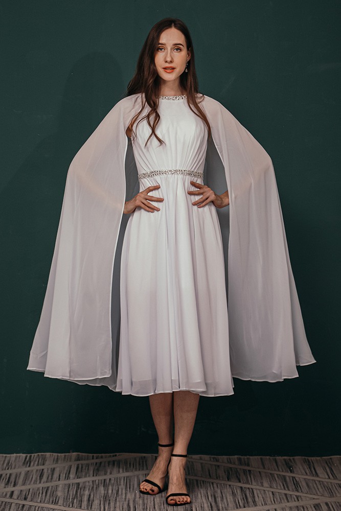 Tea Length Chiffon Beading Mature Wedding Dress with Cape