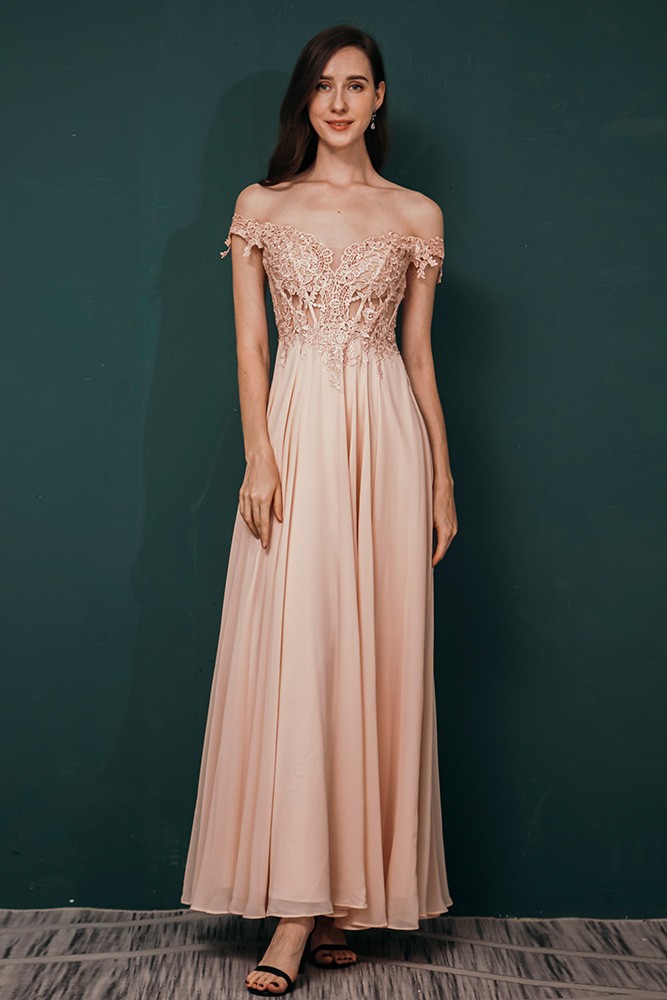 See Through Long Pink Chiffon Prom Dress with Lace Off Shoulder Straps ...