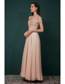 See Through Long Pink Chiffon Prom Dress with Lace Off Shoulder Straps