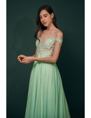 Off Shoulder Long Chiffon Green Prom Dress with Lace Top