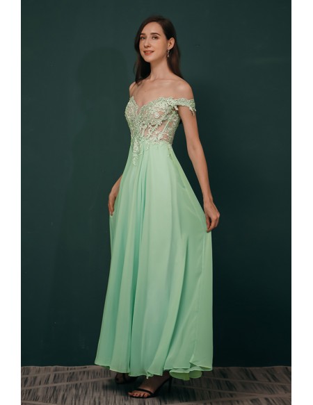 Off Shoulder Long Chiffon Green Prom Dress with Lace Top