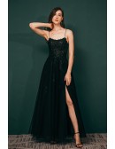Sexy Open Back Tulle Lace Black Prom Dress with Slit Front