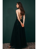 Sexy Open Back Tulle Lace Black Prom Dress with Slit Front