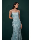 All Lace Sexy Open Back Mermaid Prom Dress Sky Blue