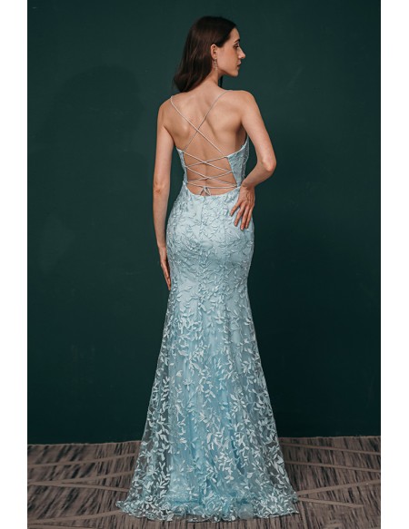 All Lace Sexy Open Back Mermaid Prom Dress Sky Blue