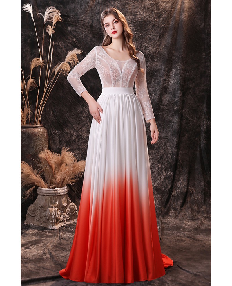 Ombre White Orange Chiffon Lace Long Sleeve Prom Dress with Sweetheart Neck  #A27455 
