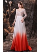 Ombre White Orange Chiffon Lace Long Sleeve Prom Dress with Sweetheart Neck