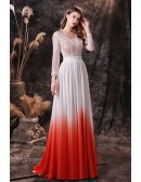 Ombre White Orange Chiffon Lace Long Sleeve Prom Dress with Sweetheart Neck