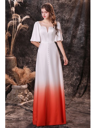 White And Orange Button Long Formal Party Dress with Flare Sleeves