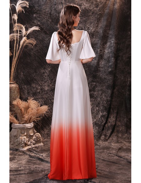 White And Orange Button Long Formal Party Dress with Flare Sleeves