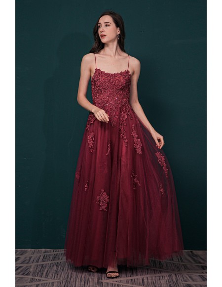 Rust Red Long Slit Tulle Lace Prom Dress with Open Back