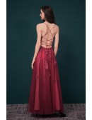 Rust Red Long Slit Tulle Lace Prom Dress with Open Back