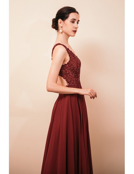 Sleeveless Long Slit Chiffon Formal Party Dress with Lace Beading Top