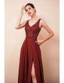 Sleeveless Long Slit Chiffon Formal Party Dress with Lace Beading Top