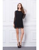 Chic Black Lace Mini Weeding Guest Dress With Long Sleeves