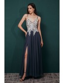 Blue Chiffon White Lace Beading Prom Dress with Spaghetti Straps Long Slit