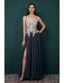Blue Chiffon White Lace Beading Prom Dress with Spaghetti Straps Long Slit
