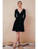 Pleated Chiffon Black Short Formal Dress V Neck with Long Sleeves