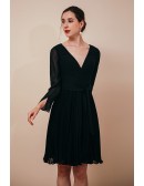 Pleated Chiffon Black Short Formal Dress V Neck with Long Sleeves