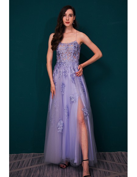 Open Back Lavender Tulle Lace Prom Dress with Long Slit