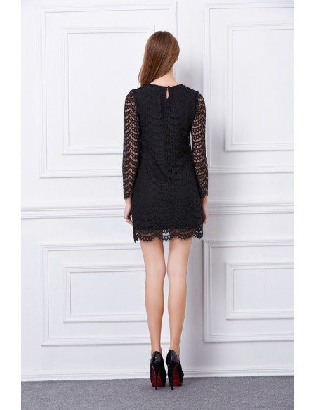 Chic Black Lace Mini Weeding Guest Dress With Long Sleeves