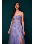 Open Back Lavender Tulle Lace Prom Dress with Long Slit
