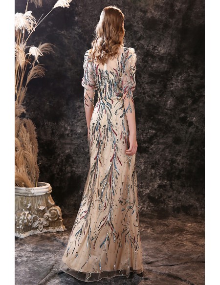 Exquisite Sequin Applique Long Formal Dress with 3/4 Sheer Sleeves