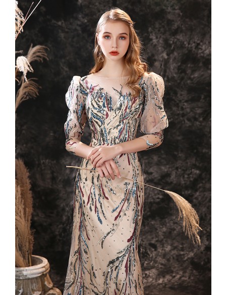 Exquisite Sequin Applique Long Formal Dress with 3/4 Sheer Sleeves