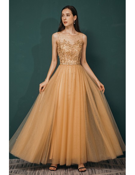 Sleveless Long Tulle Lace Beading Gold Prom Dress For Woman