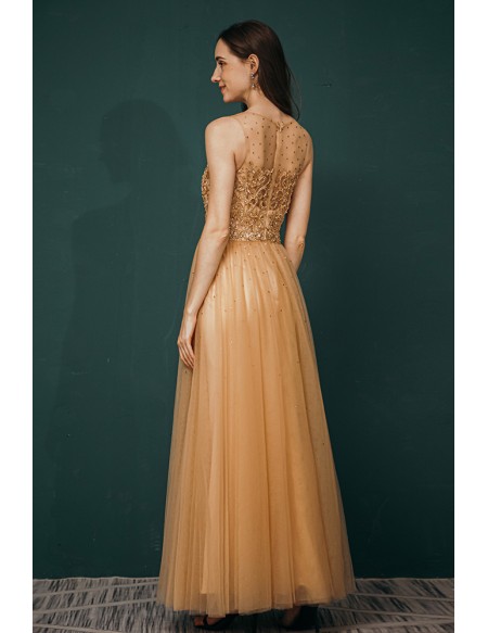 Sleveless Long Tulle Lace Beading Gold Prom Dress For Woman