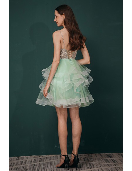 Sparkly Sequin Green Short Gown Prom Homecoming Dress V Neck with Spaghetti Straps