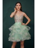 Sparkly Sequin Green Short Gown Prom Homecoming Dress V Neck with Spaghetti Straps