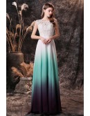 Ombre Green Sleeveless Long Chiffon Formal Prom Dress with Lace Top