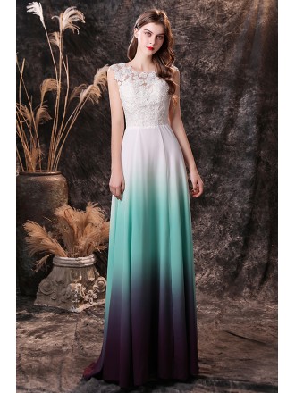 Ombre Green Sleeveless Long Chiffon Formal Prom Dress with Lace Top