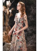 Tea Length Special Floral Embroidery Prom Dress with Short Sleeves