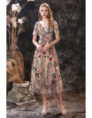 Tea Length Special Floral Embroidery Prom Dress with Short Sleeves