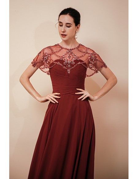 Rust Red Chiffon Long Formal Party Dress with Beading Cape Sleeves