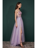 Sexy V Neck Long Slit Lavender Prom Dress with See Through Lace Beading