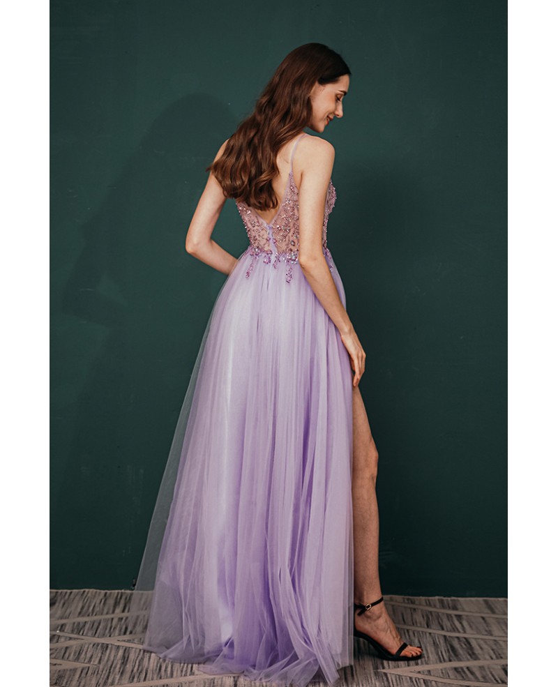 Sexy V Neck Long Slit Lavender Prom Dress With See Through Lace Beading Cc351053