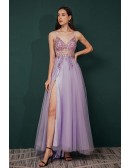 Sexy V Neck Long Slit Lavender Prom Dress with See Through Lace Beading
