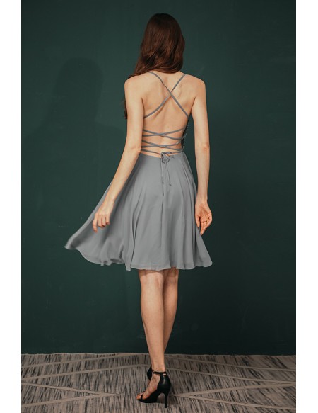 Simple Short Grey Beading Chiffon Party Dress with Open Back
